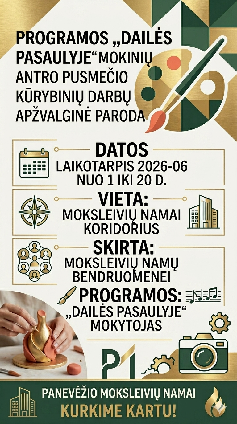 „Panevėžio moksleivių namų programos „Dailės pasaulyje“ mokinių antro pusmečio kūrybinių darbų apžvalginės parodos afiša. Dizainas yra itin modernus ir minimalistinis, jame dominuoja balta, sodri tamsiai žalia ir blizgaus aukso spalvos. Viršuje dešinėje pavaizduota geometrinė kompozicija su stilizuotu aukso spalvos dailininko paletės ir teptuko motyvu. Apačioje kairėje – estetiška nuotrauka, vaizduojanti rankas, lipdančias ir dekoruojančias auksinę keraminę vazą. Tekstinė informacija afišoje pateikta aiškiuose blokuose su auksiniais rėmeliais ir teminėmis piktogramomis: Pavadinimas: Programos „Dailės pasaulyje“ mokinių antro pusmečio kūrybinių darbų apžvalginė paroda. Datos: Laikotarpis 2026-06 nuo 1 iki 20 d. (šalia kalendoriaus piktogramos). Vieta: Moksleivių namai, koridorius (šalia kompaso ir pastato piktogramų). Tikslinė auditorija: Skirta Moksleivių namų bendruomenei (šalia žmonių tinklo piktogramos). Organizatorius: Programos „Dailės pasaulyje“ mokytojas. Puslapio apačioje tamsiai žaliame fone užrašytas organizatoriaus pavadinimas „Panevėžio moksleivių namai“ ir šūkis „Kurkime kartu!“.