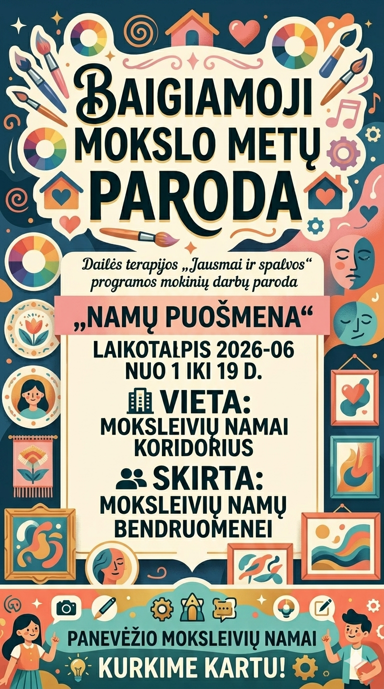 „Panevėžio moksleivių namų dailės terapijos „Jausmai ir spalvos“ programos mokinių darbų parodos „Namų puošmena“ afiša. Plakatas yra itin spalvingas, jaukus ir išraiškingas, dekoruotas emocijas atspindinčiais veidų siluetais, spalvų ratais, teptukais, širdelėmis bei įrėmintais mokinių kūriniais, vaizduojančiais namų jaukumą ir gamtą. Tekstinė informacija afišoje: Pavadinimas: Dailės terapijos „Jausmai ir spalvos“ programos mokinių darbų paroda „Namų puošmena“. Laikotarpis: 2026-06 nuo 1 iki 19 d. Vieta: Moksleivių namų koridorius. Tikslinė auditorija: Skirta moksleivių namų bendruomenei. Puslapio apačioje pateiktas organizatoriaus pavadinimas „Panevėžio moksleivių namai“ ir šūkis „Kurkime kartu!“.“